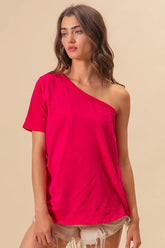 BiBi Cotton Span Knit One Shoulder Top FUCHSIA OutfitFlow